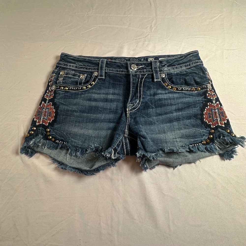Miss Me Signature Shorts JP7183H Dark Wash Embroidered Studded Denim Y2K Size 30